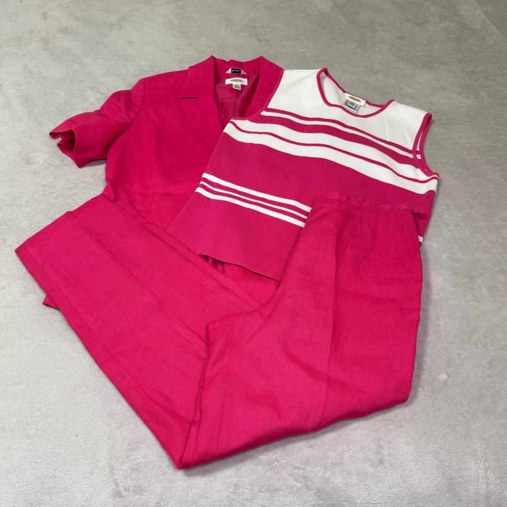 🔥 Talbots Pink Irish Linen 3pc Pant Suit Set Jacket Pants Top Sz 8/10
